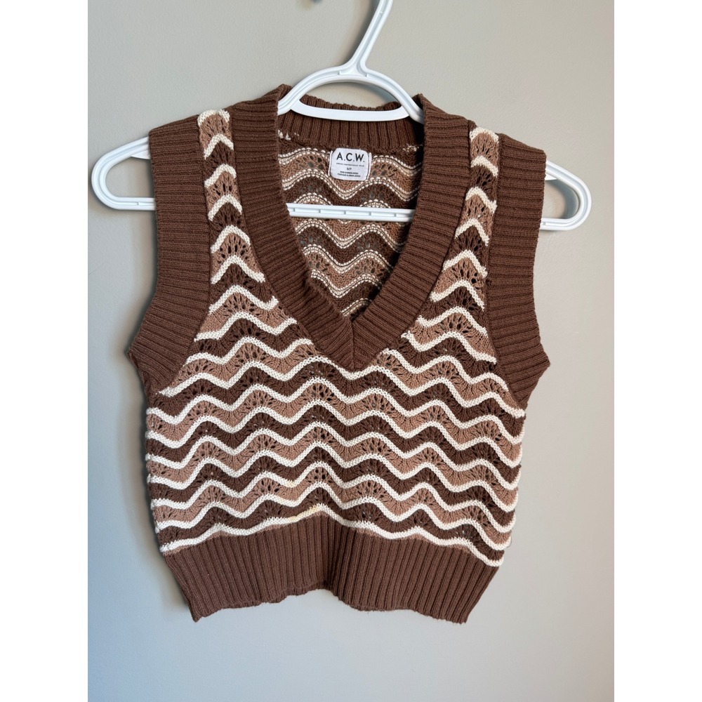 A.C.W. Zig Zag Chevron Knit V-Neck Sweater Vest Small Brown Multi Retro Boho